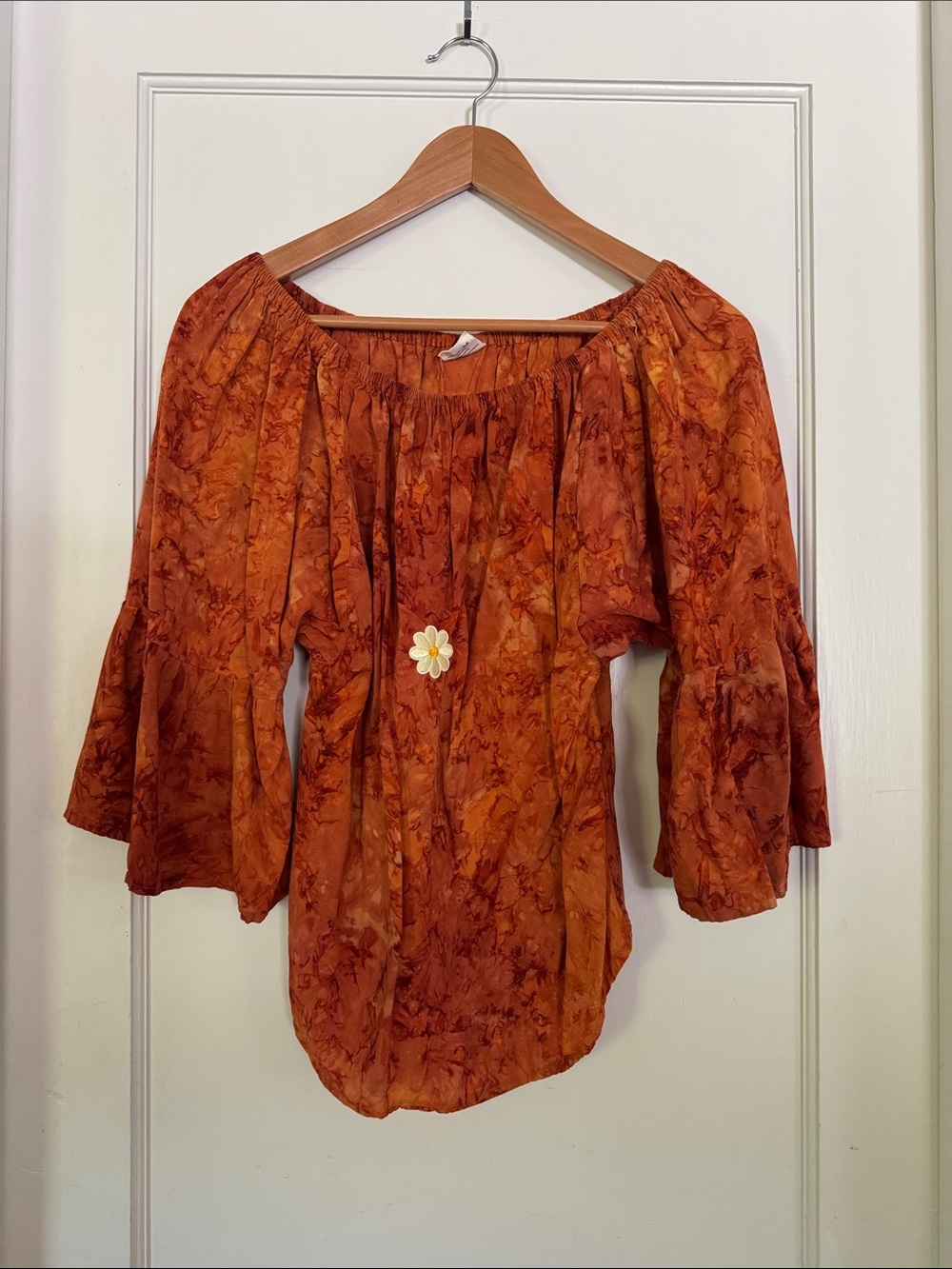 Boho Off-Shoulder Rust Orange Blouse with Bell Sleeves